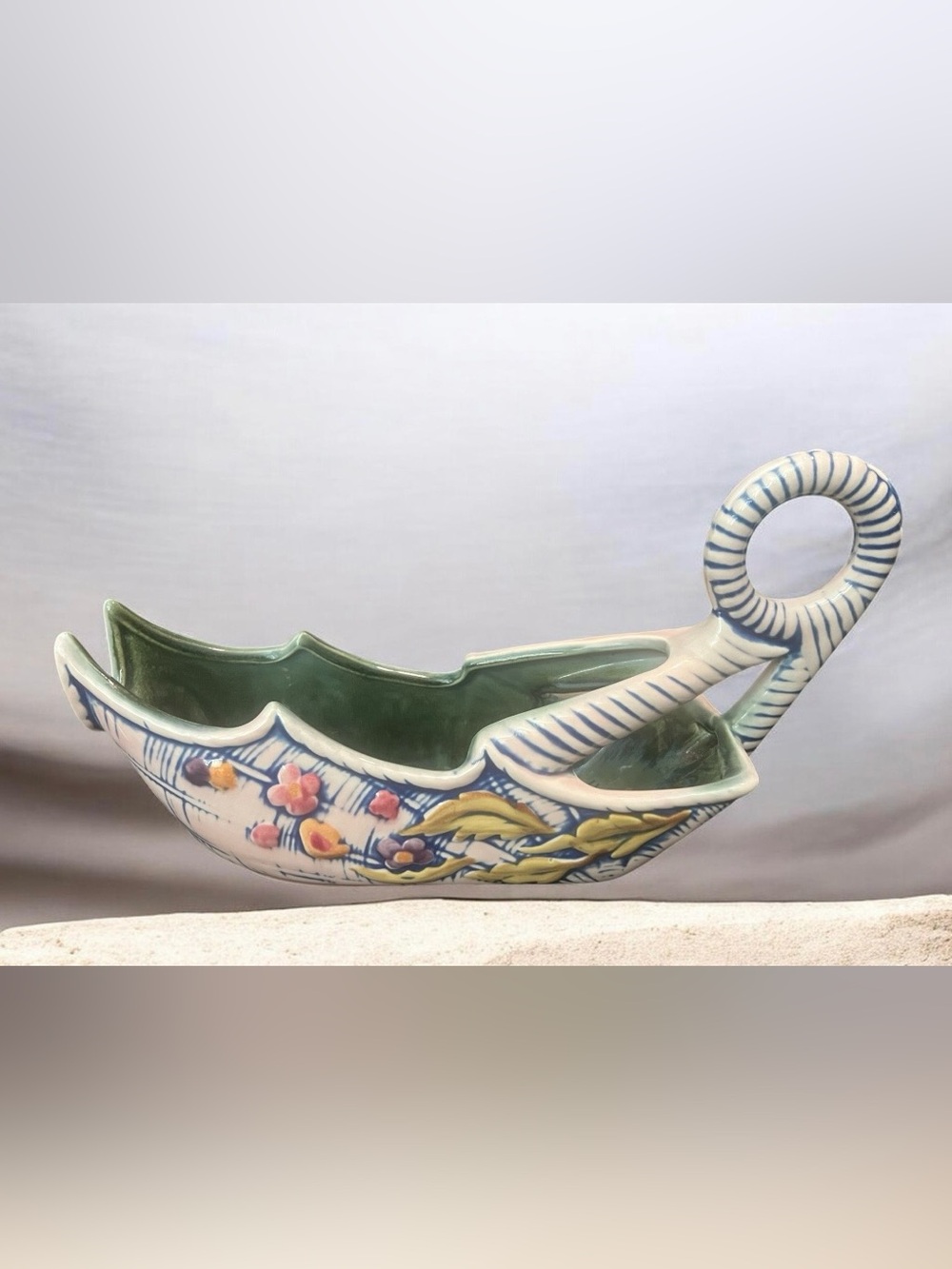 vintage 1950s Hull Pottery "Blossom Flite" boat-shaped planter with floral deco